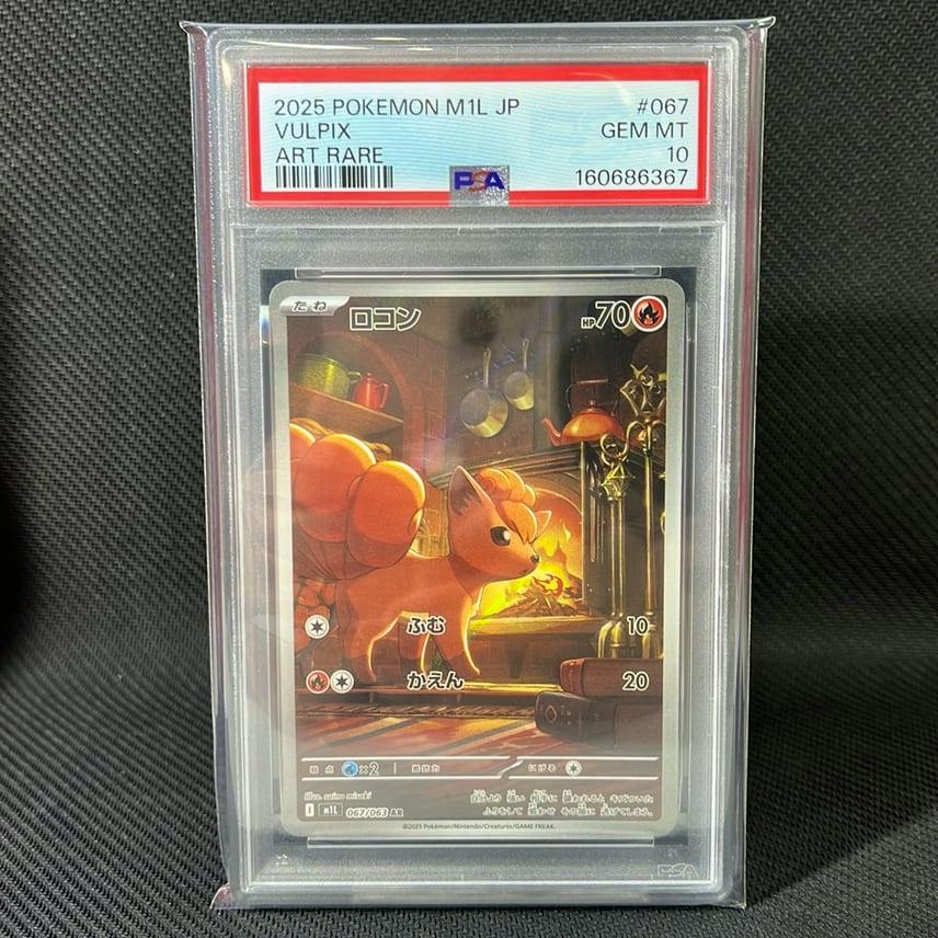 Front view of a PSA-graded slab containing the ロコン (Vulpix) AR trading card, showing the card artwork and a PSA label stating 2025 POKEMON M1L JP VULPIX ART RARE GEM MT 10.