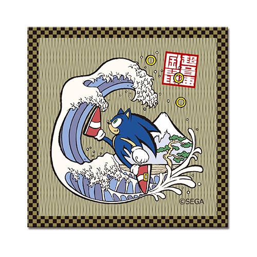 Square tatami-style wooden coaster showing Sonic the Hedgehog in a stylized Great Wave design with Mount Fuji and a checkered border.