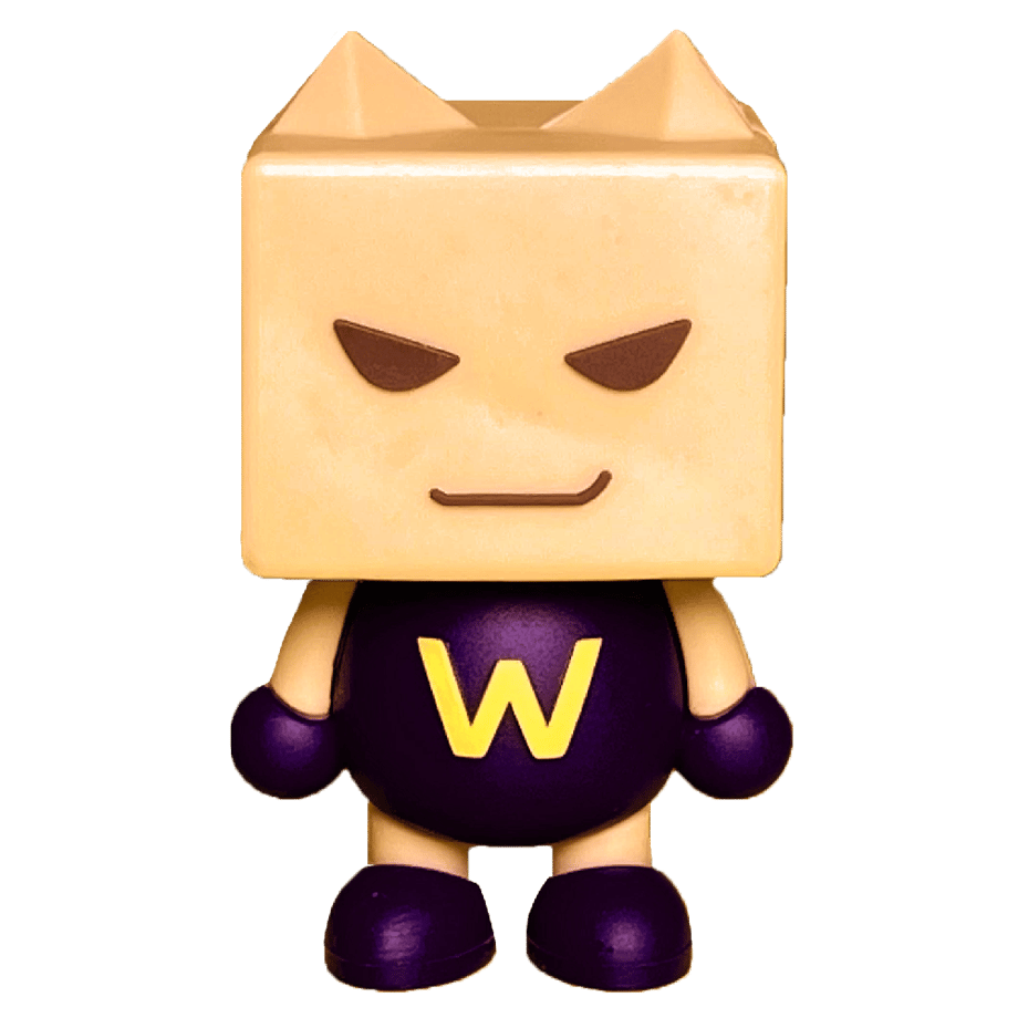 A Wairo-kun USB mascot figure with a square head and a purple body featuring a yellow "W", photographed against a black background.