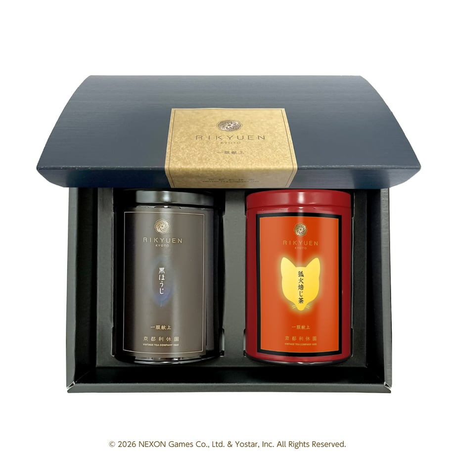 Open gift box containing two cylindrical tea tins, one gray and one red, from the ワカモスペシャルセット (loose leaf black tea).