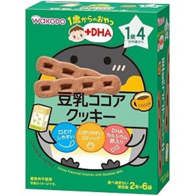 Front of a Wakodo box of soy milk cocoa cookies with +DHA labeling and a penguin illustration.