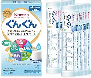 Box and ten stick packets of Wakodo Follow Up Milk (stick type) shown together.