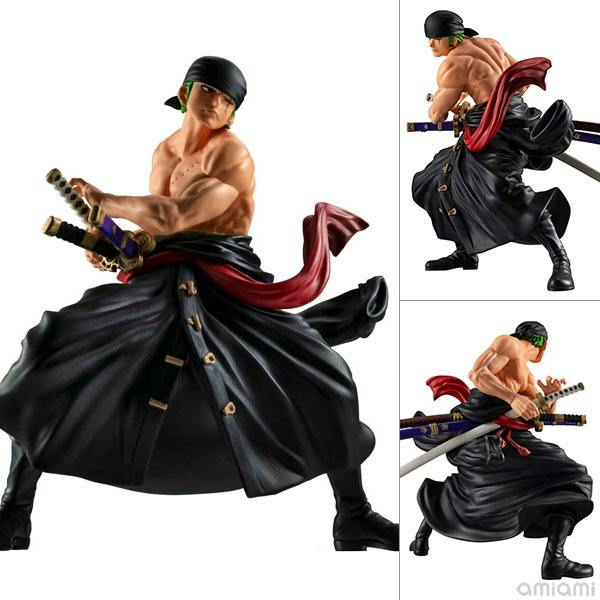 Composite main image showing the completed Roronoa Zoro plastic figure from One Piece in a dynamic pose with three swords and a flowing black coat, shown from multiple angles.