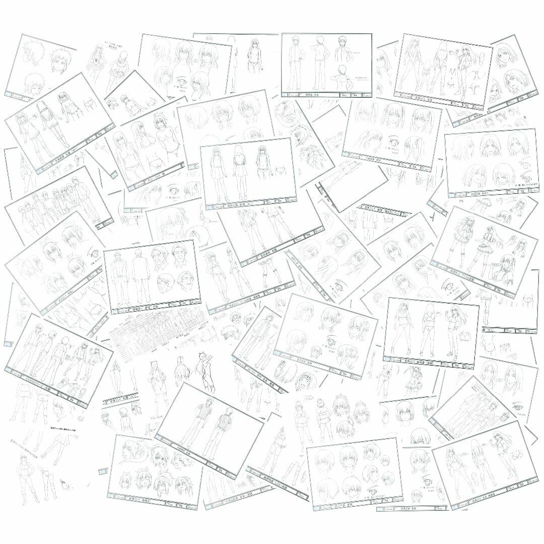 Many black-and-white animation setting and production line-art sheets arranged on a white background.