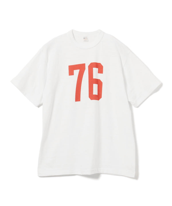 Front view of a white cotton T-shirt with a large red "76" printed on the chest.