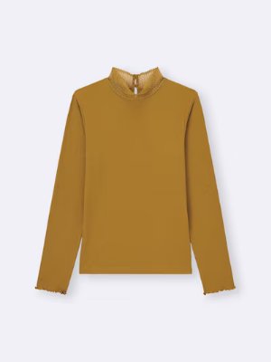 Flat-lay image of the women's rayon long-sleeve warm rib lace high-neck T in mustard, showing ribbed texture and frilled lace at the neck and cuffs.
