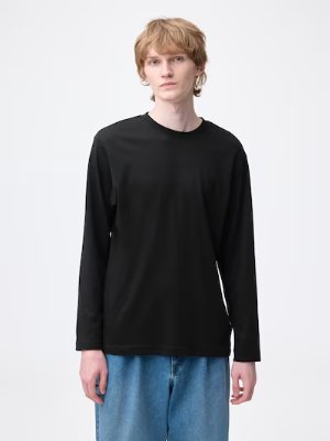 A model wearing a black long-sleeve crew-neck T shown from the front.