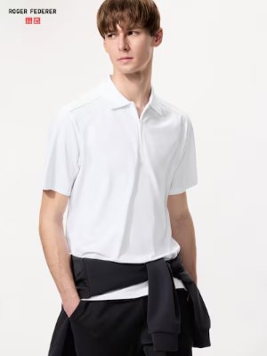 Male model wearing a white washable 3D knit polo shirt.