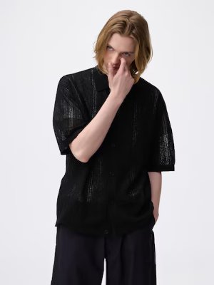 Male model wearing a black men's boucle knit shirt.