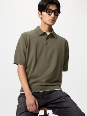 A model wearing the washable knit polo sweater.