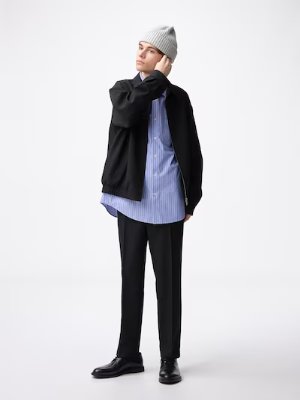 Model wearing the washable tapered trousers shown full-length on a white background.