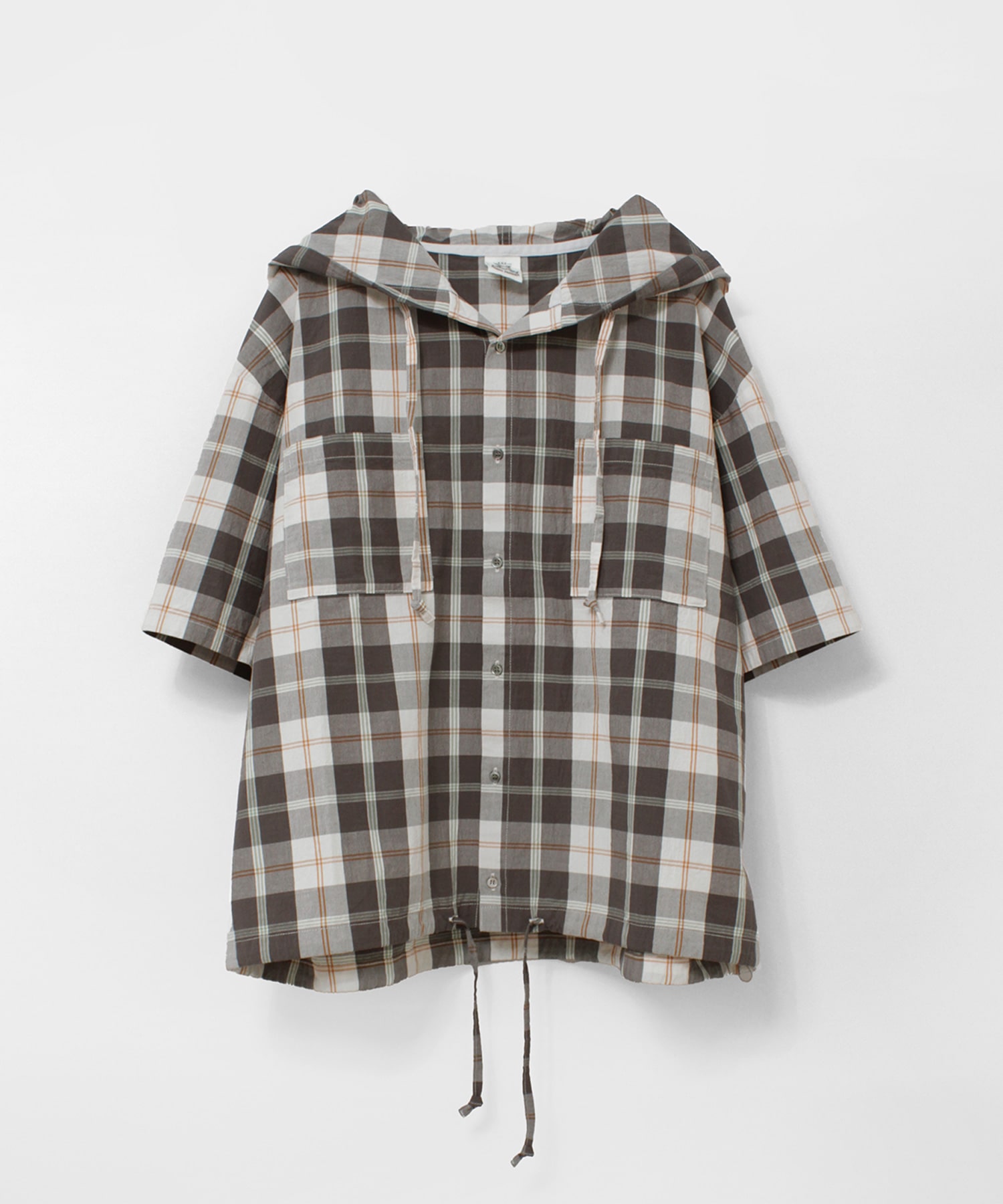 Front view of the men's cotton check hooded short-sleeve shirt displayed flat on a white background.