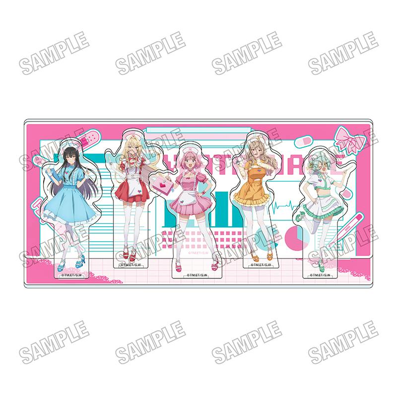 A rectangular acrylic diorama showing five characters in nurse-themed outfits standing on a pink decorative base.
