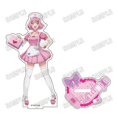 Acrylic stand of 甘織 れな子 in a nurse outfit with a separate pink decorative base, shown with SAMPLE watermarks.