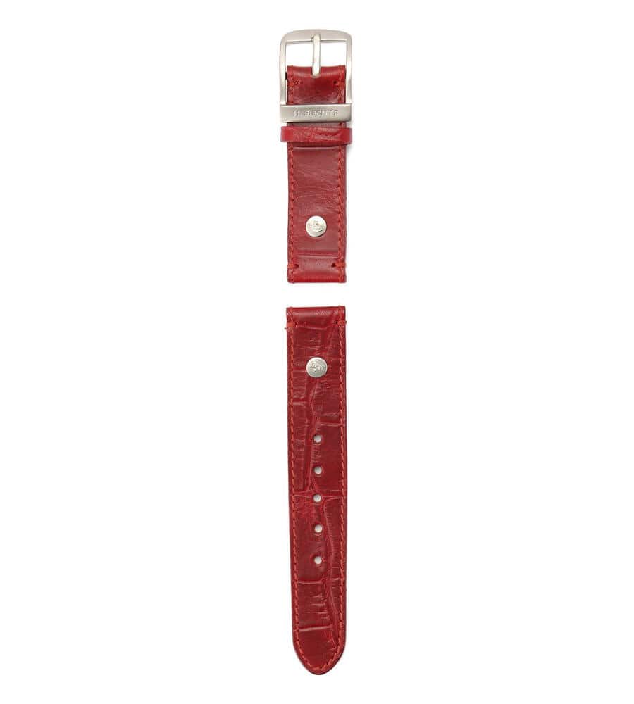 Red two-piece watch strap with a metal buckle on a white background.