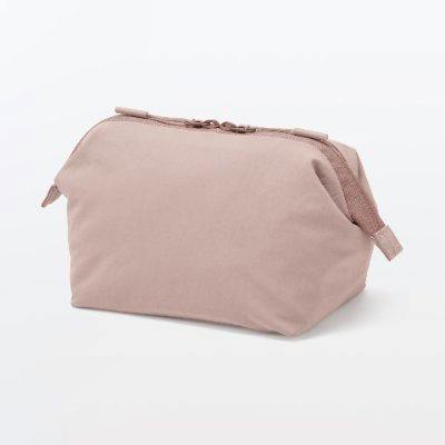 Light pink water-repellent recycled nylon wide-mouth pouch on a white background.