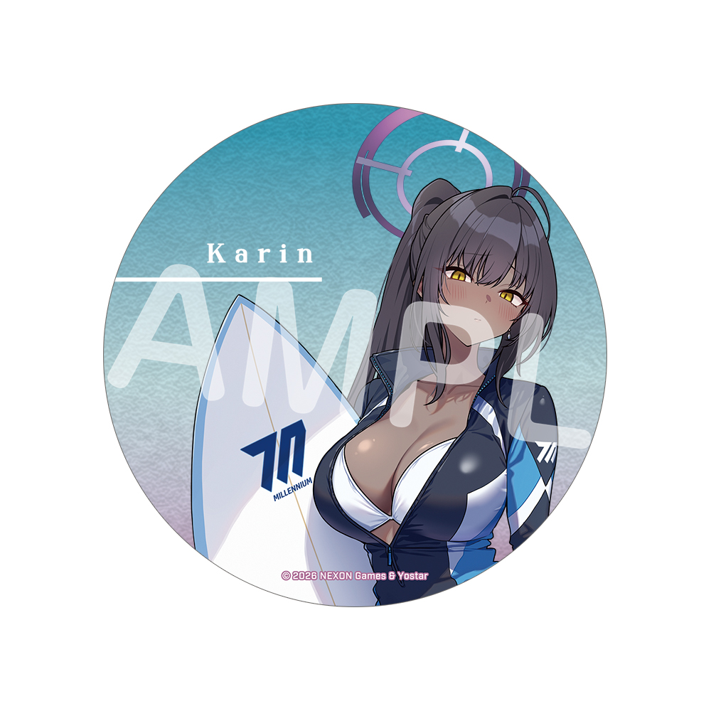 Round acrylic coaster showing the character Karin with a surfboard on a teal water-patterned background with a visible "SAMPLE" watermark.