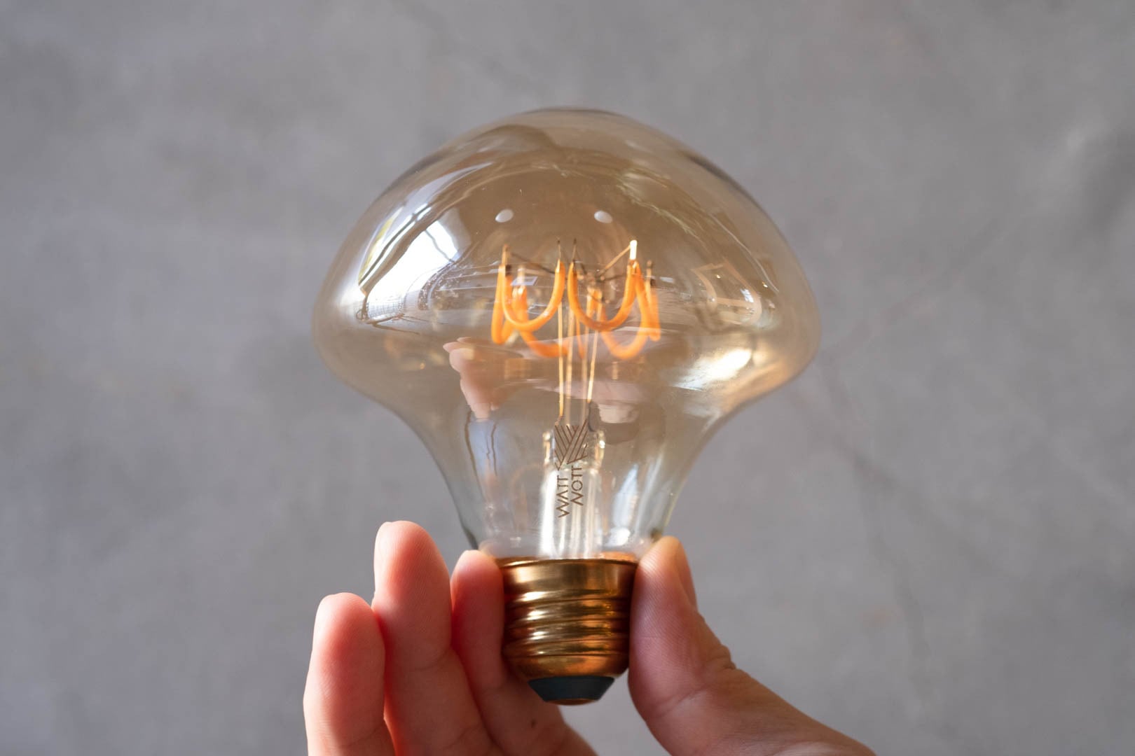 Hand holding the WATTNOTT_WILLOW GOLD(CG95) light bulb showing its glass envelope, filament, and brass screw base.