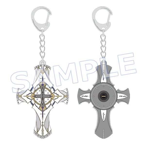 Illustrated front and back views of a cross-shaped weapon metal keychain charm with chain and clasp.