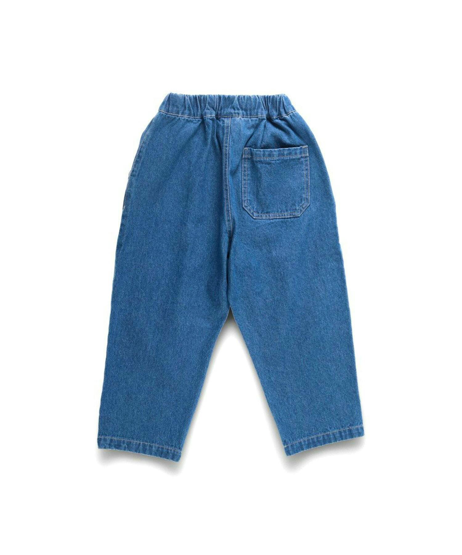 Back view of the children’s denim long pants laid flat, showing an elastic waistband and a single back pocket.