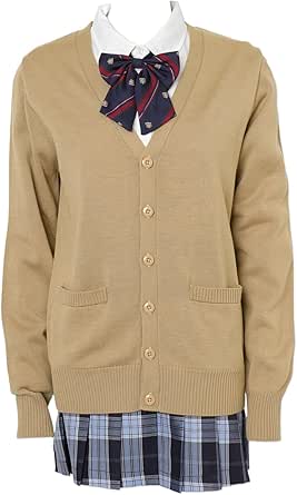 Beige V-neck button-front school cardigan shown on a mannequin over a white collared shirt with a bow and a plaid skirt.