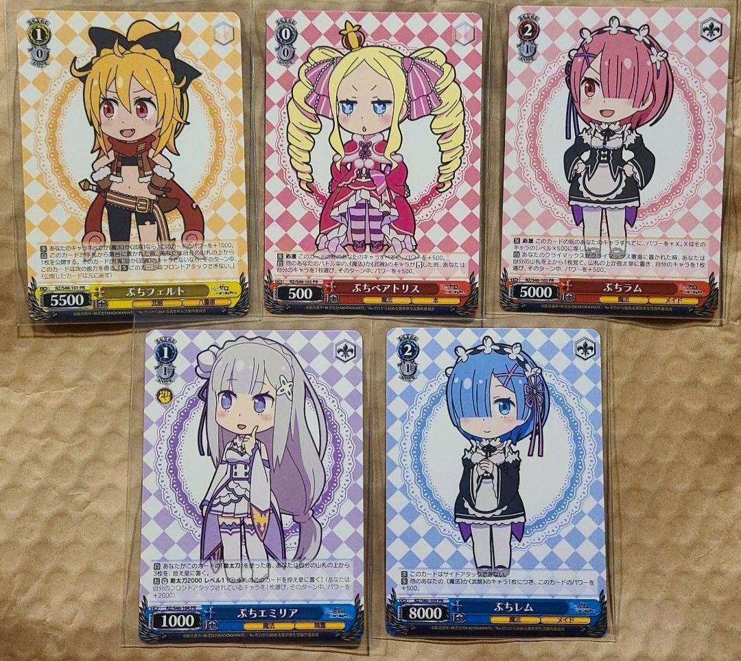 Front faces of five Re:Zero Weiss Schwarz promo "puchi" trading cards with chibi character artwork, arranged in two rows in sleeves on a beige background.
