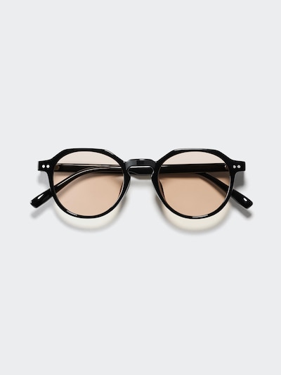 Black plastic Wellington-style folding sunglasses with round brown-tinted lenses shown flat on a white background.