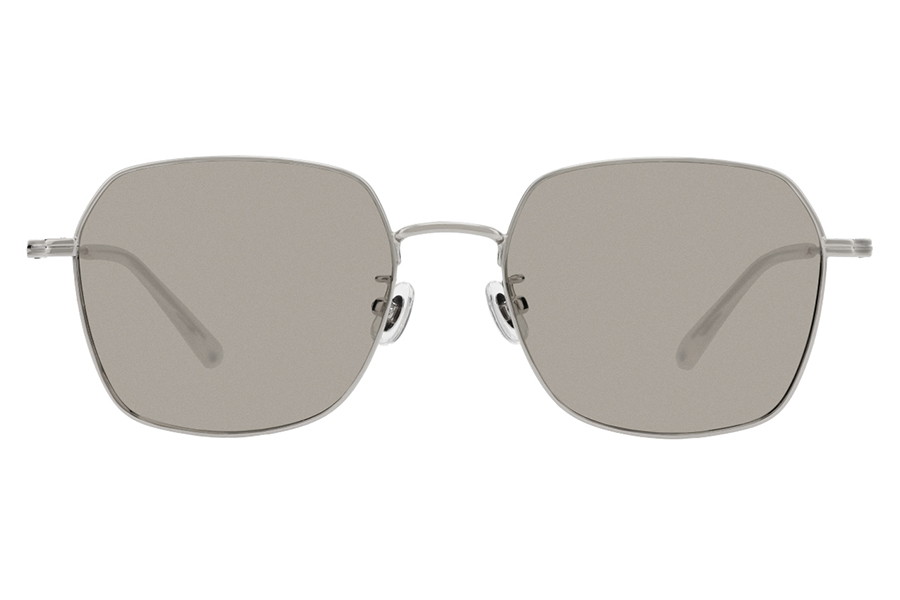 Front view of Wellington-style sunglasses with thin silver metal frame and gray lenses on a white background.