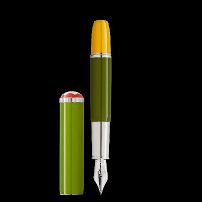 Green and yellow fountain pen with its cap removed showing the nib against a black background.