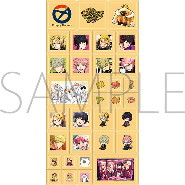 Sticker sheet showing multiple square tile stickers with illustrated character portraits and small decorative icons.