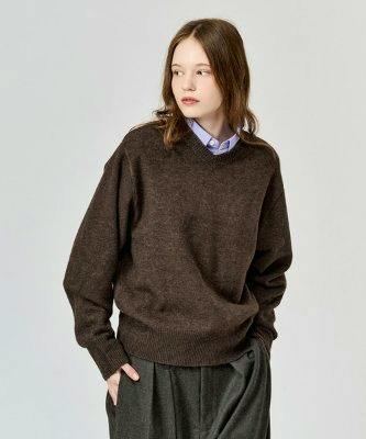 Model wearing the brown WETTEMPT V-neck wool-like knit sweater layered over a blue collared shirt.