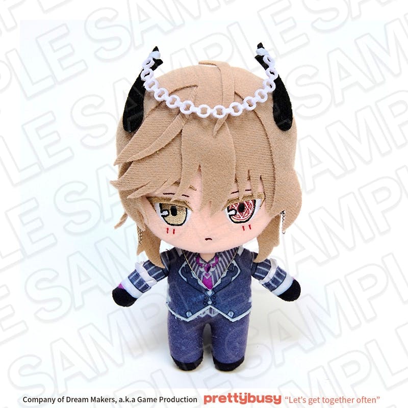Front view of the 17.5cm Levianathan plush wearing a blue outfit with small black horns and a white chain accessory on a white background.