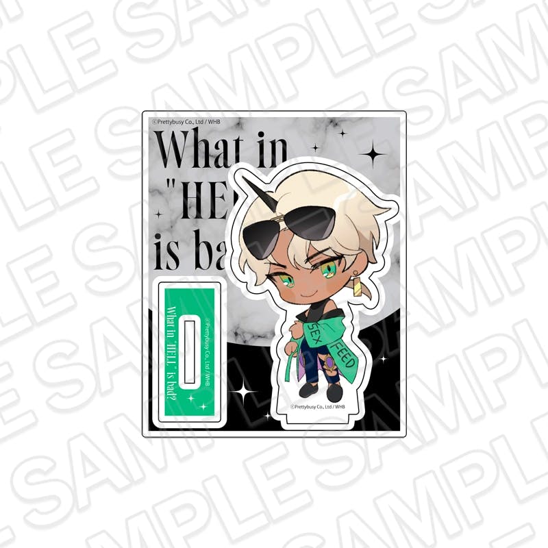 Front view of the Belzebub acrylic stand showing a chibi character acrylic figure and its rectangular base on a decorative backing card with the text "What in \"HELL\" is bad".