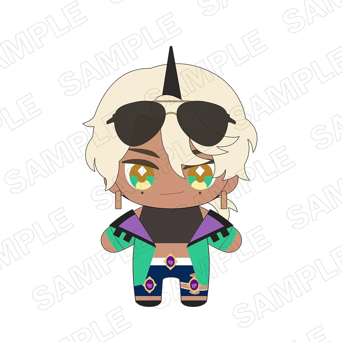 Front-facing illustration of the Belzebub chibi plush showing blonde hair with a black horn and sunglasses, green jacket, and jewel-decorated pants.