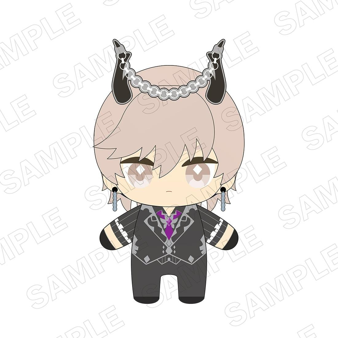 Front-facing illustrated chibi plush of the product (レヴィアタン) showing a light pink-haired character with horn accessories and a black suit.
