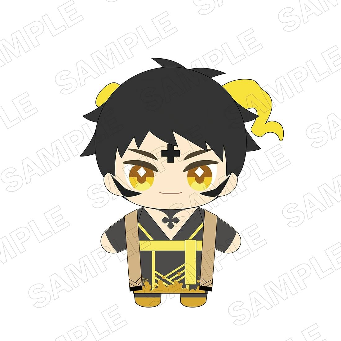 Illustrated chibi plush design of Mammon with black hair and yellow-accented outfit on a white background.