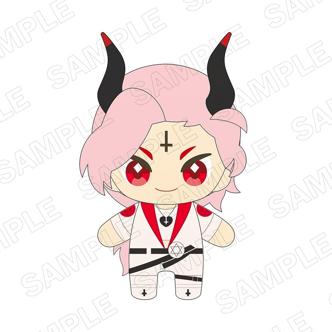 Illustrated front-view plush of the サタン character with pink hair, black horns, red eyes, and a white outfit.