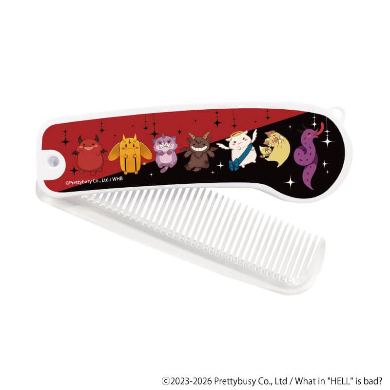 Foldable plastic hair comb shown partially open with a printed illustration of small animal devil characters on the handle.