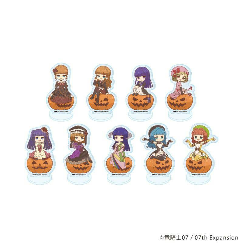 Nine acrylic decorative stands showing chibi "Umineko no Naku Koro ni" characters seated on Halloween jack-o'-lanterns.