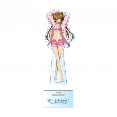 Photo of the large WHITE ALBUM2 acrylic stand of Yukina Ogiso wearing a swimsuit and parka, shown with its display base on a white background.