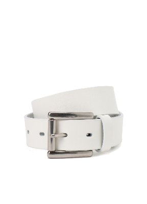 Rolled white leather 30mm plain belt with metal buckle on a white background.