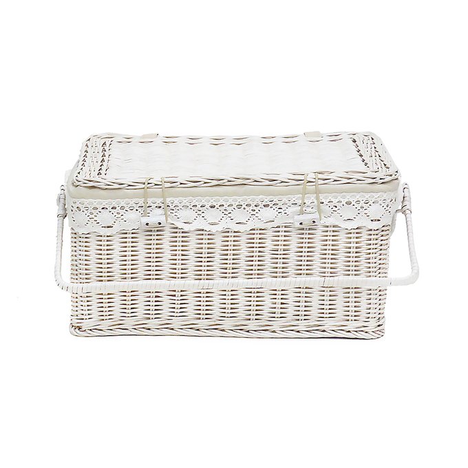 White rattan basket with a fabric-covered hinged lid, lace trim, and side handles shown against a white background.