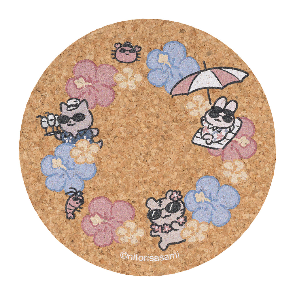 Round cork coaster featuring illustrated white and black tiger characters and hibiscus flowers.