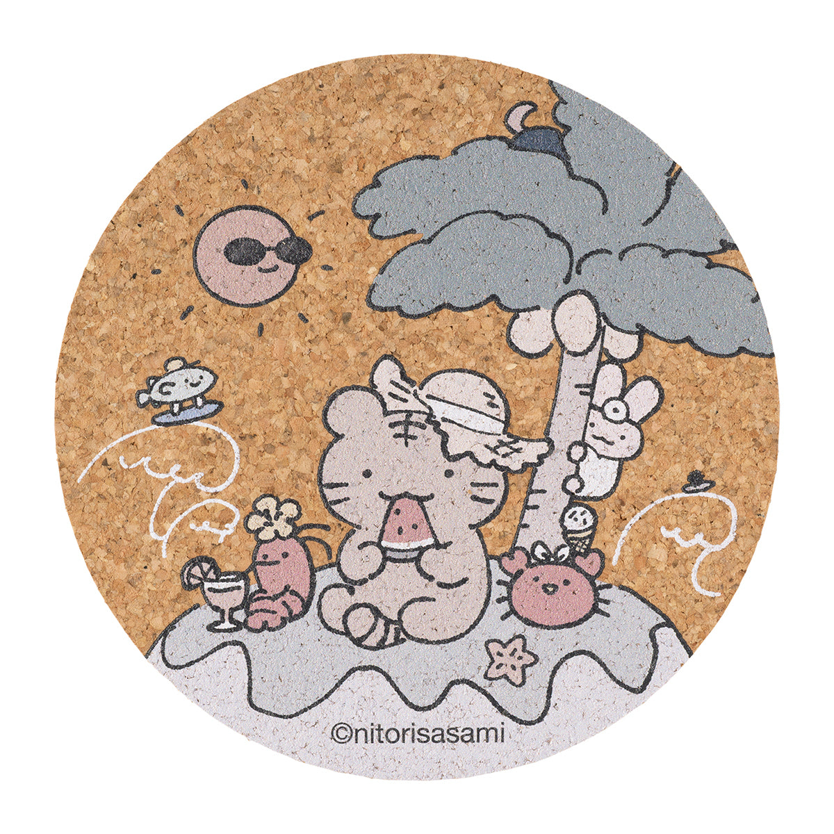 Round cork coaster printed with a white tiger and other characters relaxing under a palm tree.