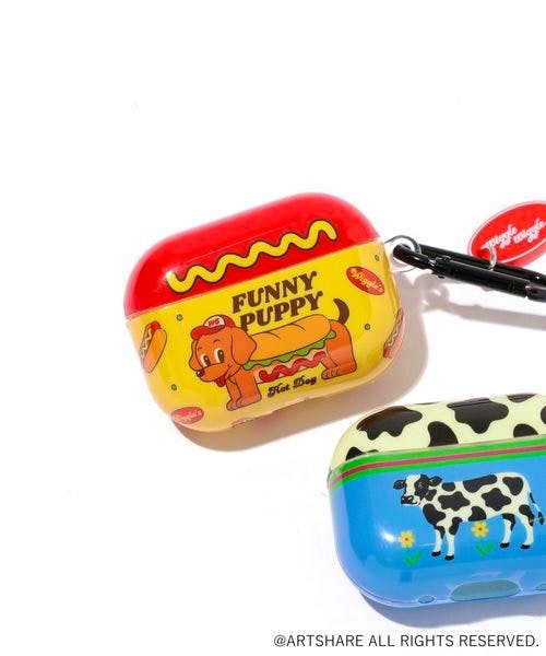 Two AirPods Pro plastic cases on a white background, one with a hot dog 'Funny Puppy' design and one with a cow print design.