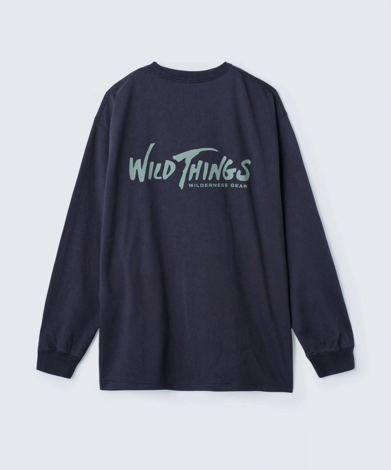 Back view of a men's long-sleeve cotton T-shirt showing the "WILD THINGS WILDERNESS GEAR" printed logo across the upper back.