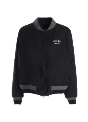 Front view of a black men's reversible souvenir jacket with zip closure and contrasting ribbed collar and cuffs.