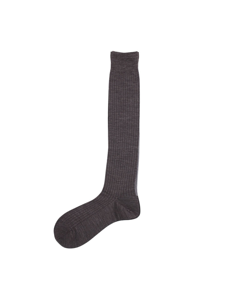 A dark grey ribbed wool sock laid flat on a white background.