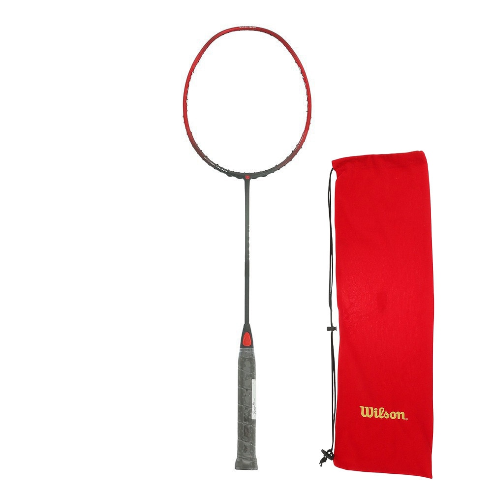 A Wilson RECON PX9000 V9.0 badminton racket shown whole next to a red Wilson carrying bag on a white background.