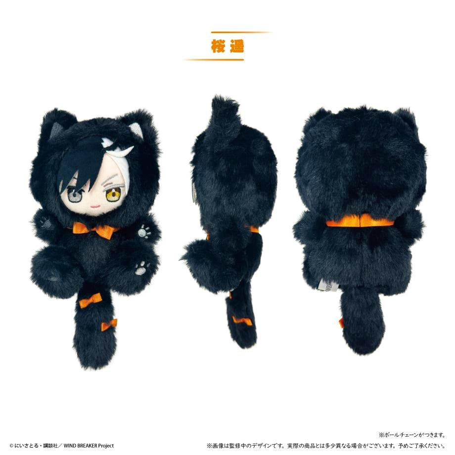 Three views (front, side, and back) of a black cat-themed plush toy with orange bows and paw markings.